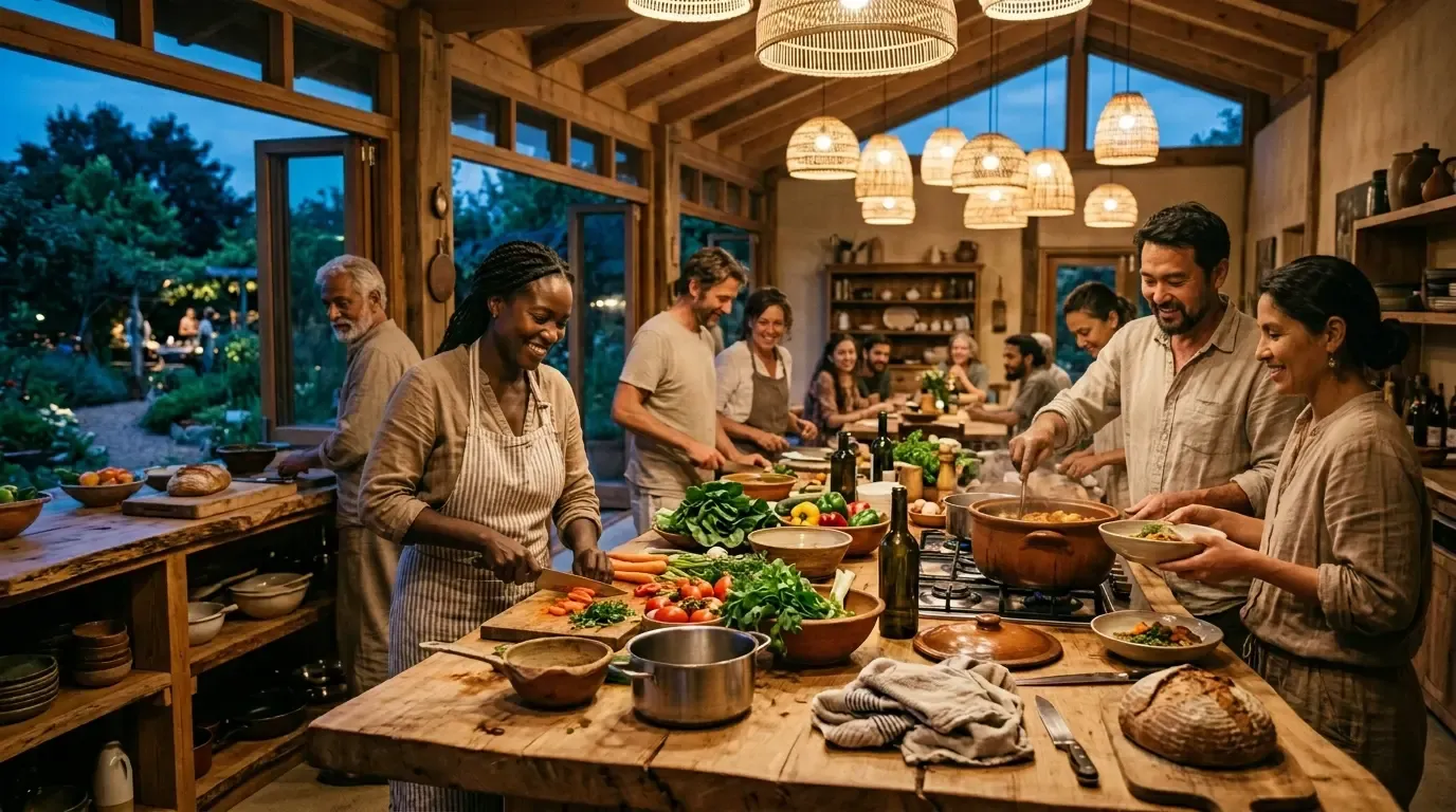 Neighbors cooking together from the community's own harvest.