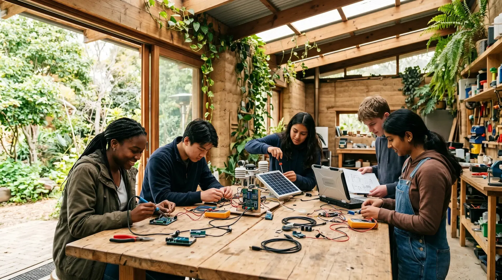 Young people building solar electronics in a community workshop.
